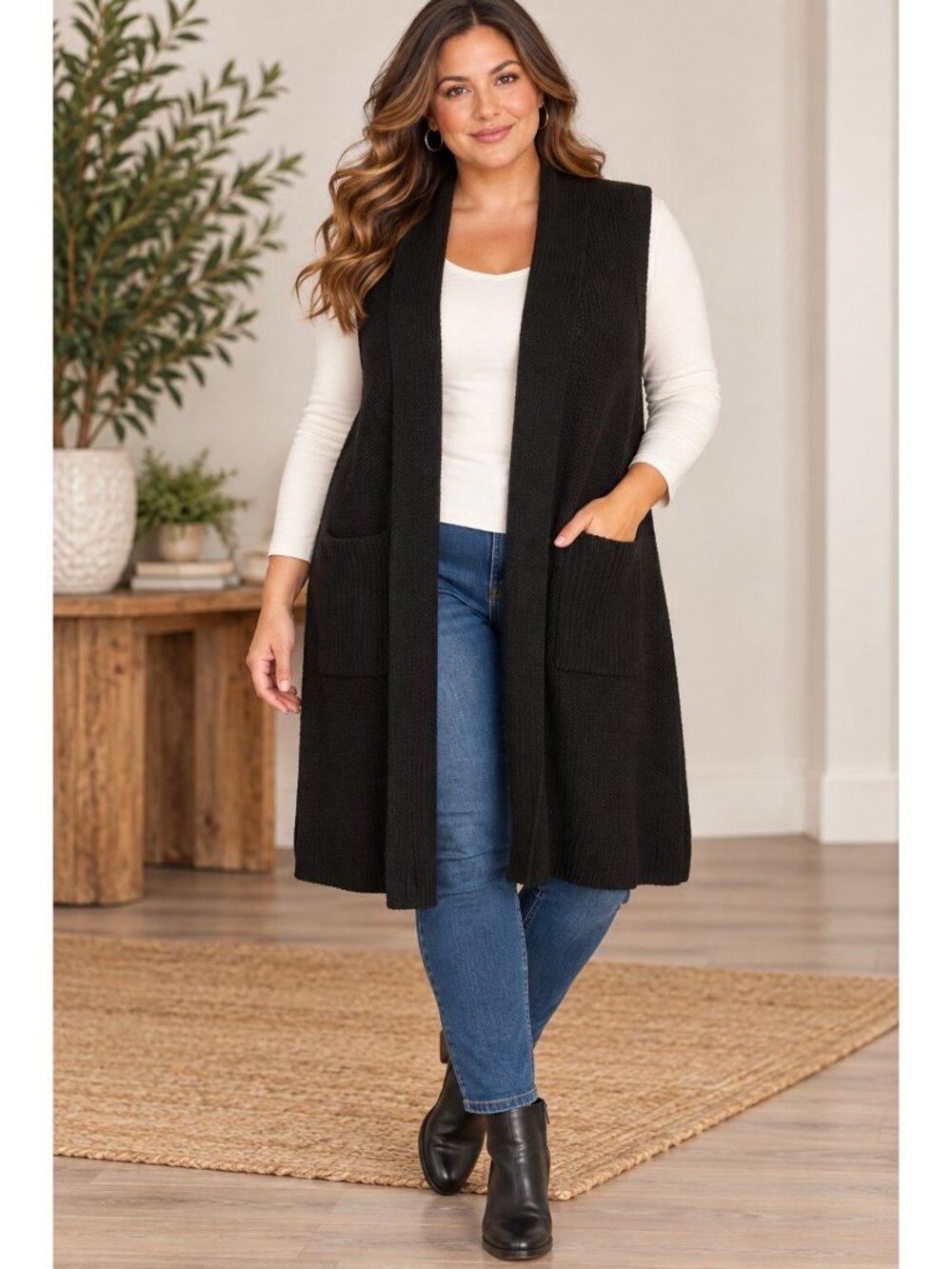 Cato 18/20W Black Longline Sweater Vest Open Front Pockets Plus Size Cardigan
